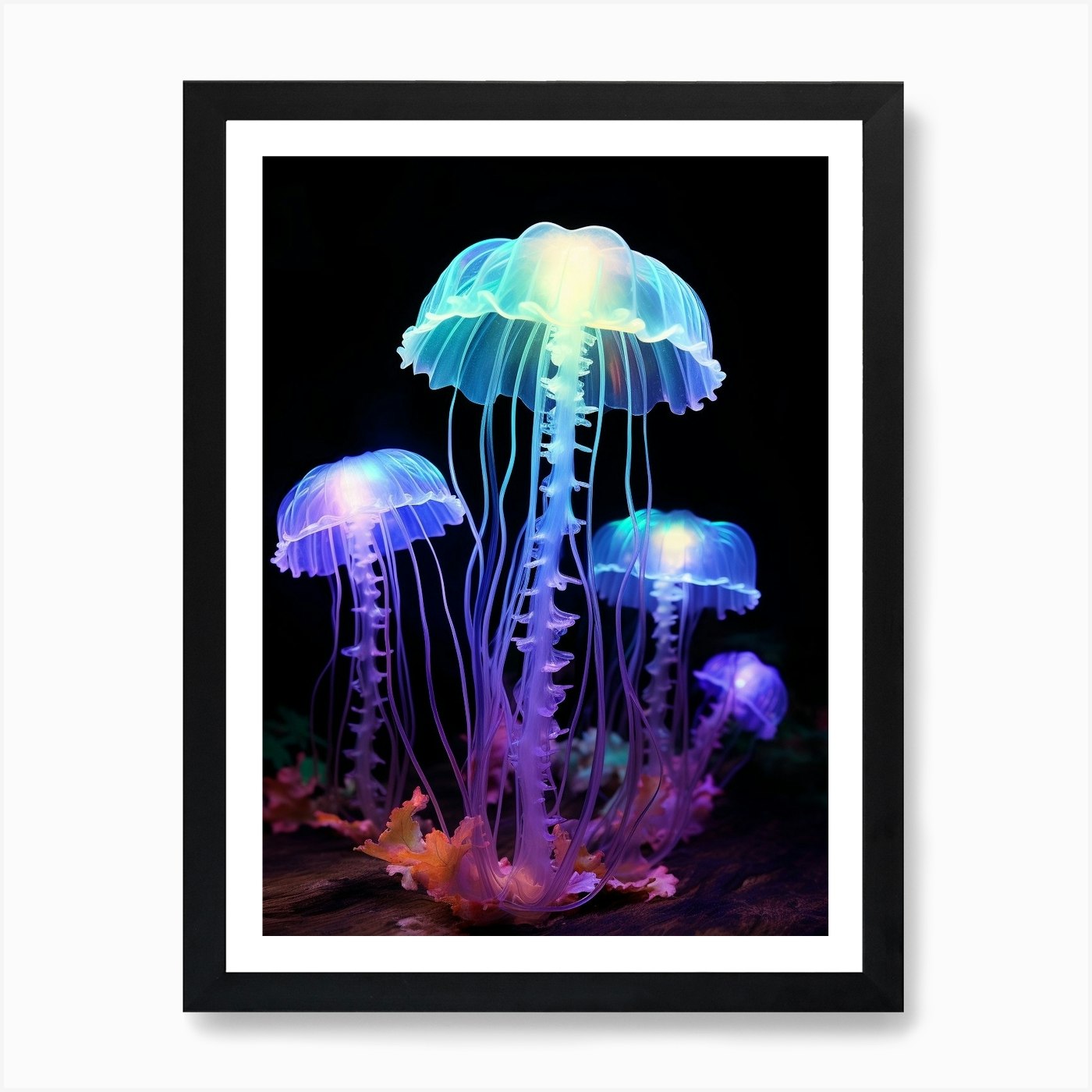 Lions Mane Jellyfish Neon Illustrat Framed Wall Art Poster Canvas Print Picture
