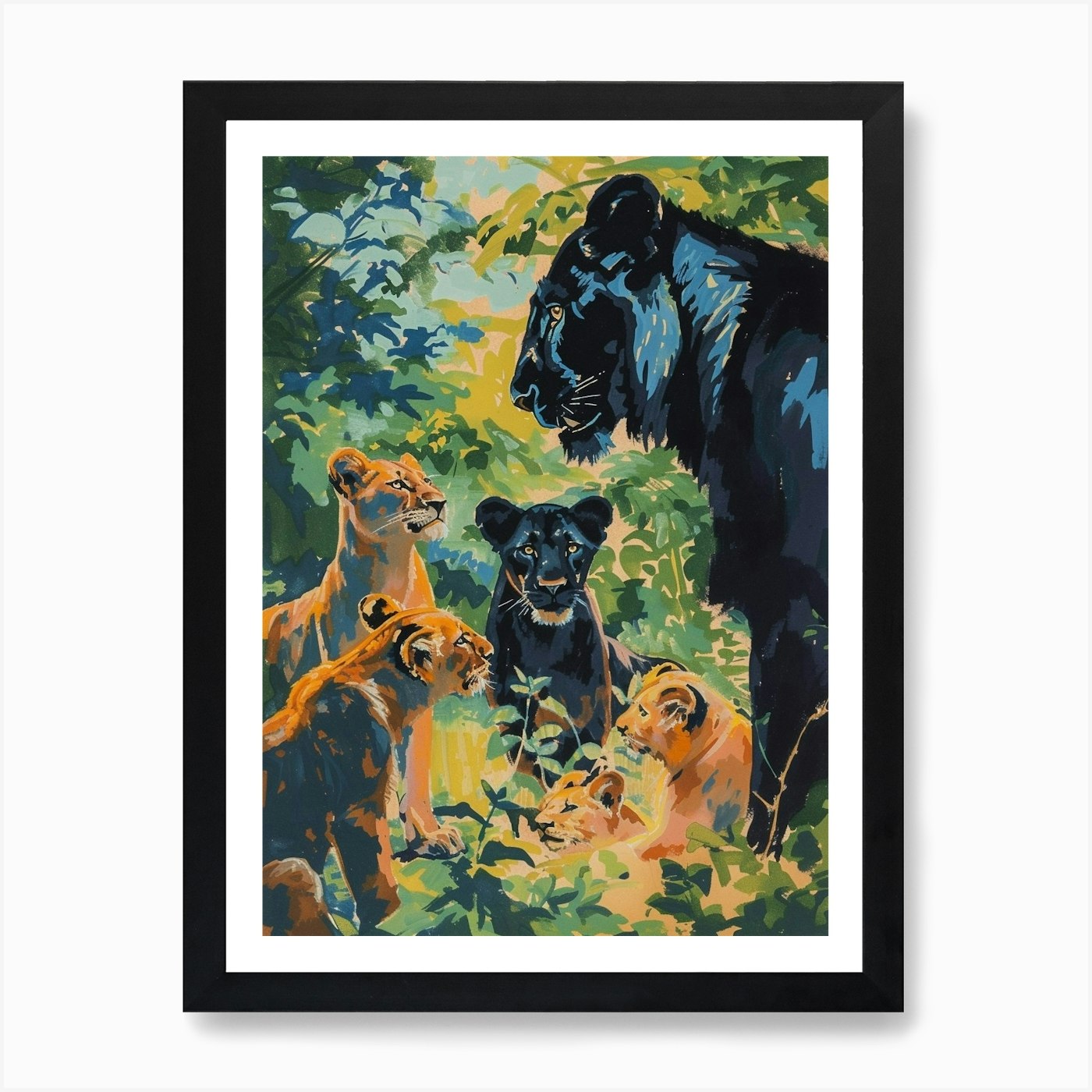 Black Lion Interaction With Other W Framed Wall Art Poster Canvas Print Picture