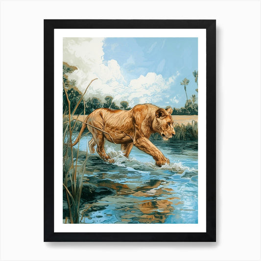 African Lion Relief Illustration Cr Framed Wall Art Poster Canvas Print Picture