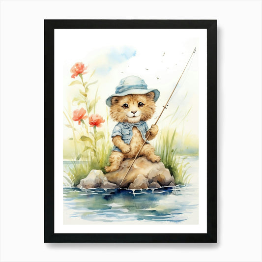 Fishing Watercolour Lion Art Painti Framed Wall Art Poster Canvas Print Picture
