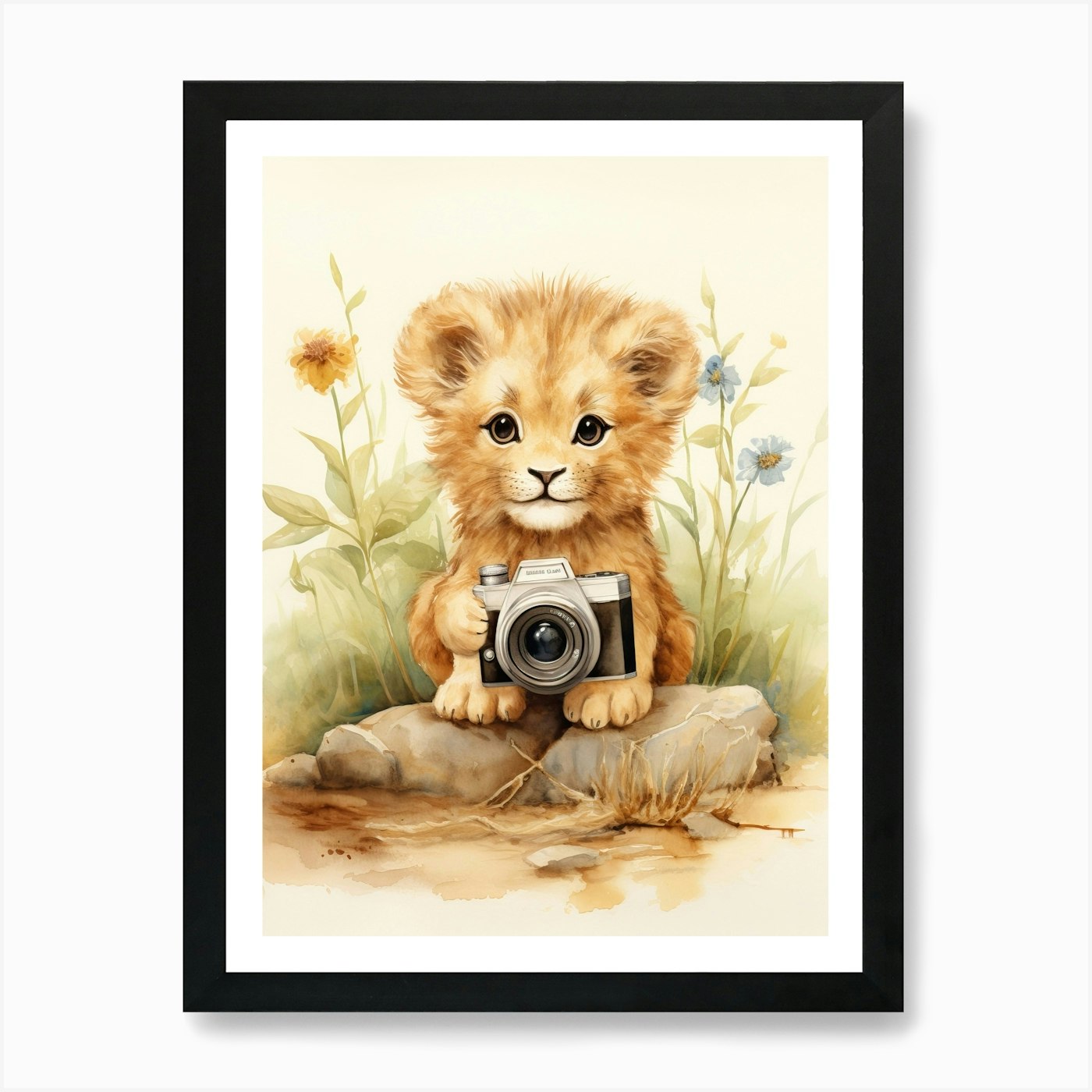 Taking Photos Watercolour Lion Art  Framed Wall Art Poster Canvas Print Picture