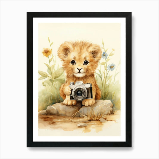 Taking Photos Watercolour Lion Art  Framed Wall Art Poster Canvas Print Picture