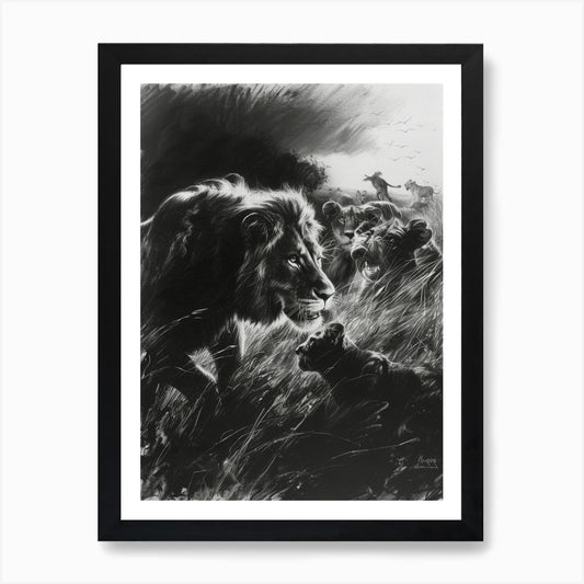 African Lion Charcoal Drawing Inter Framed Wall Art Poster Canvas Print Picture