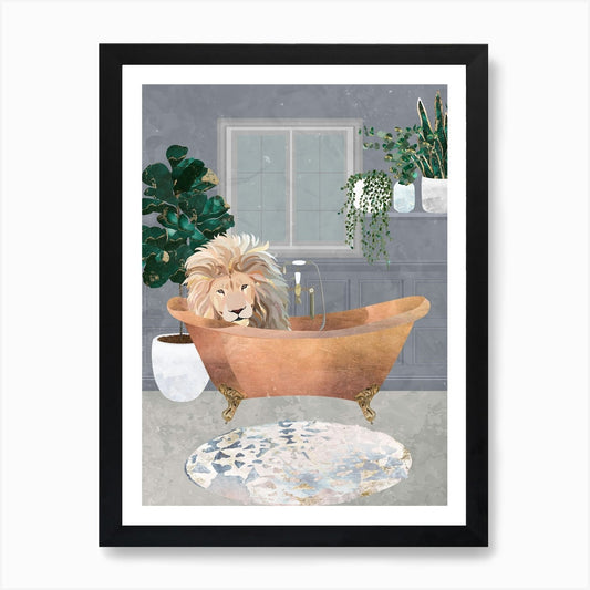 Lion In The Bath Art Print Framed Wall Art Poster Canvas Print Picture