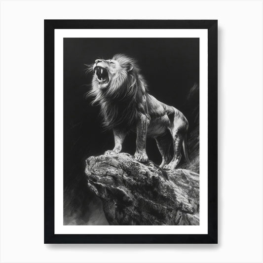 Barbary Lion Charcoal Drawing Roari Framed Wall Art Poster Canvas Print Picture