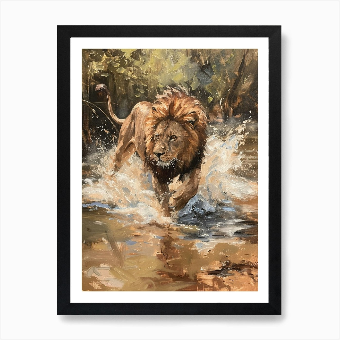 African Lion Crossing A River Acryl Framed Wall Art Poster Canvas Print Picture
