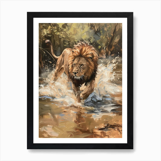 African Lion Crossing A River Acryl Framed Wall Art Poster Canvas Print Picture