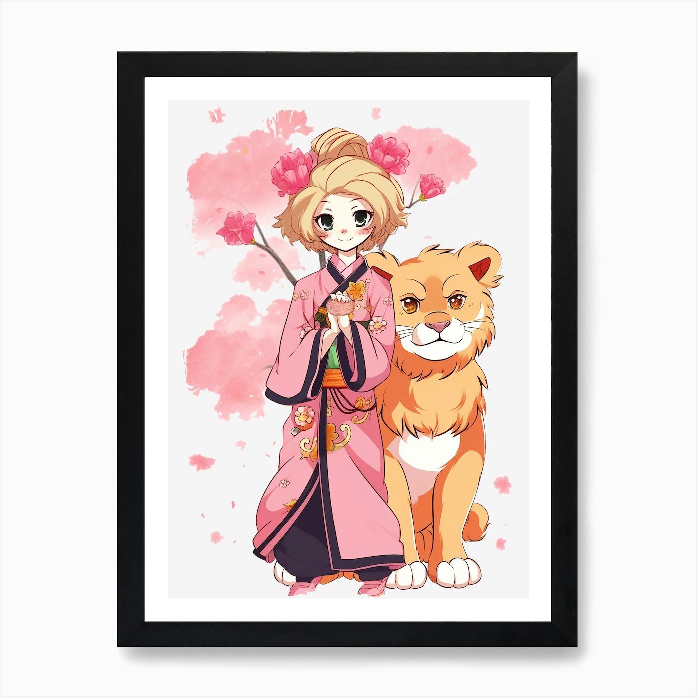 Sakura girl with her lion Art Print Framed Wall Art Poster Canvas Print Picture
