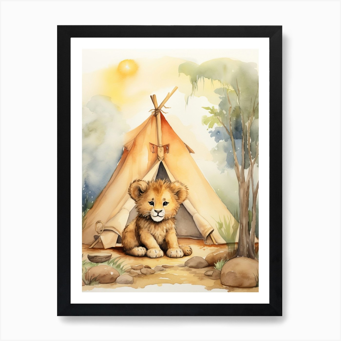 Camping Watercolour Lion Art Painti Framed Wall Art Poster Canvas Print Picture