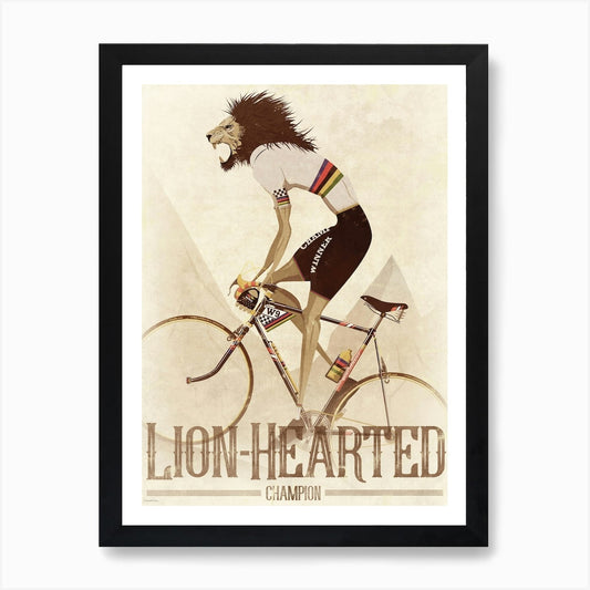 Lion Hearted Vintage Style Cyclist  Framed Wall Art Poster Canvas Print Picture
