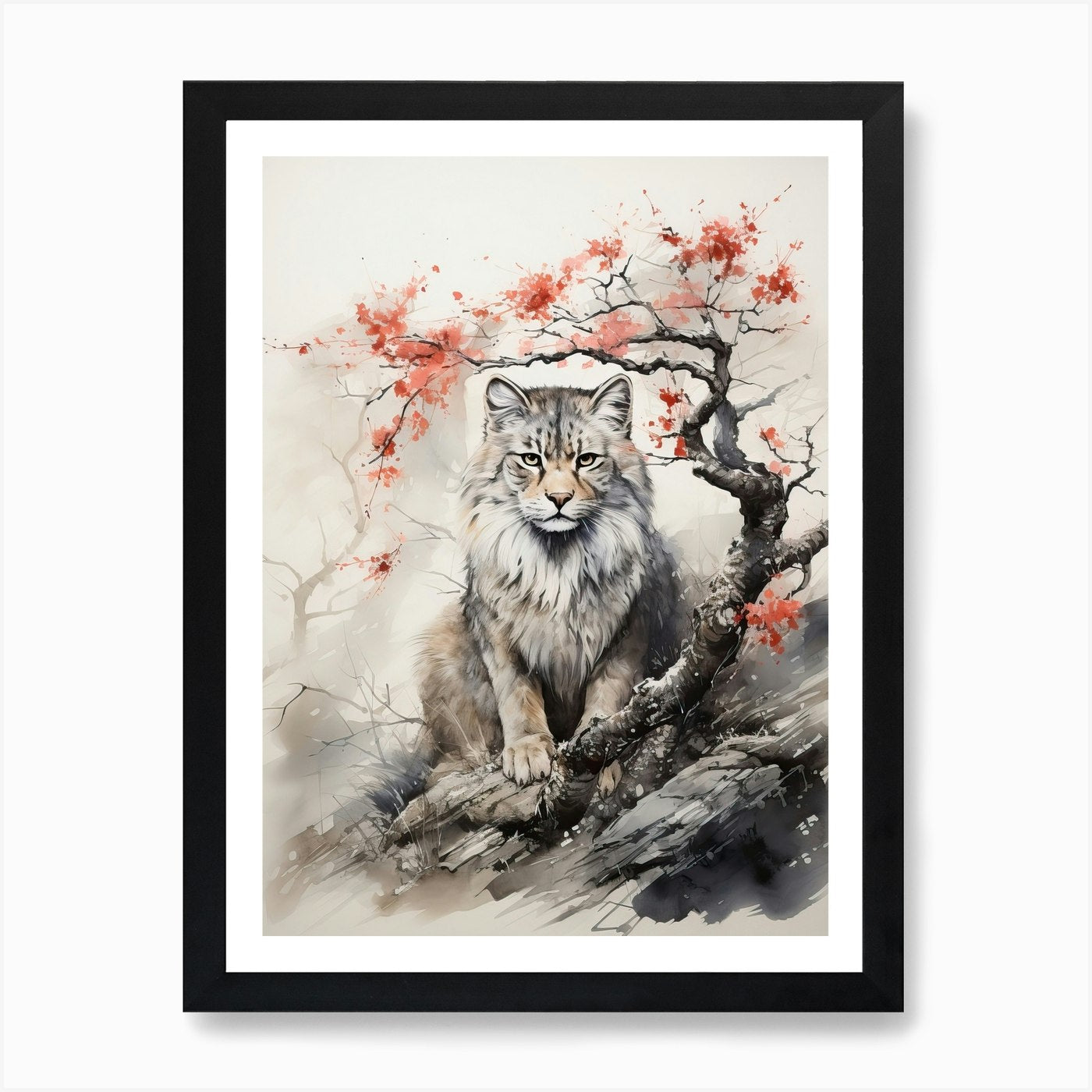 Lion, Japanese Brush Painting, Ukiy Framed Wall Art Poster Canvas Print Picture