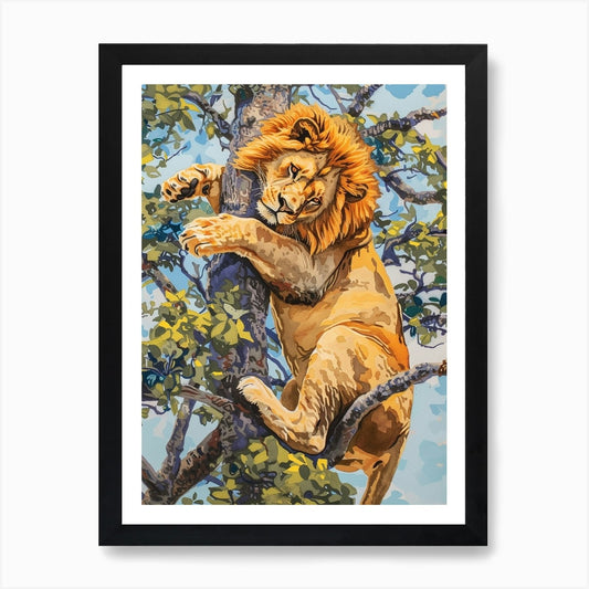 Southwest African Lion Climbing A T Framed Wall Art Poster Canvas Print Picture