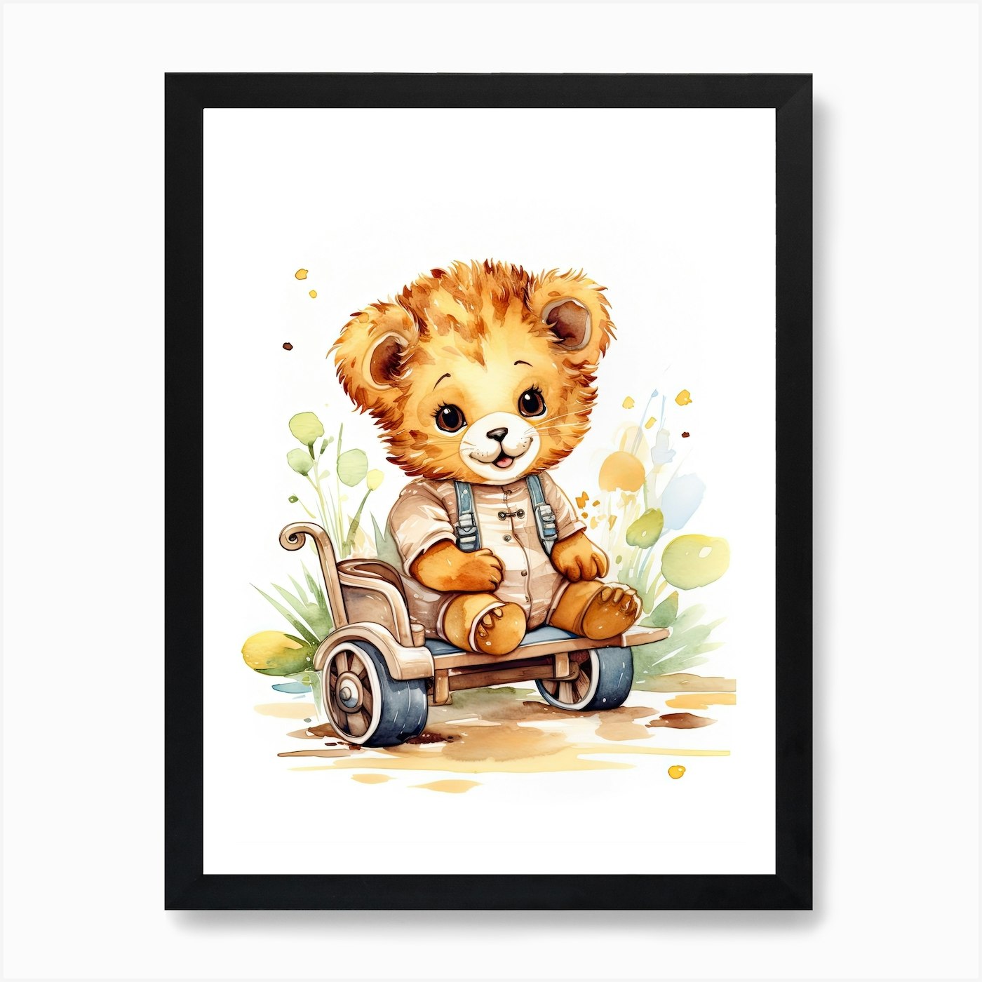 Baby Lion On A Toy Car, Watercolour Framed Wall Art Poster Canvas Print Picture