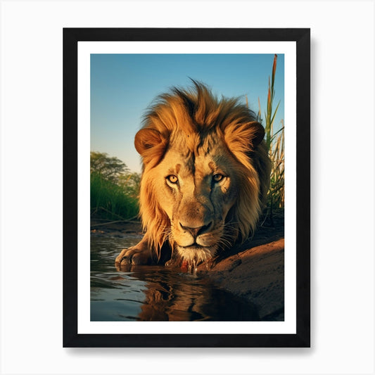 African Lion Drinking Water Realism Framed Wall Art Poster Canvas Print Picture