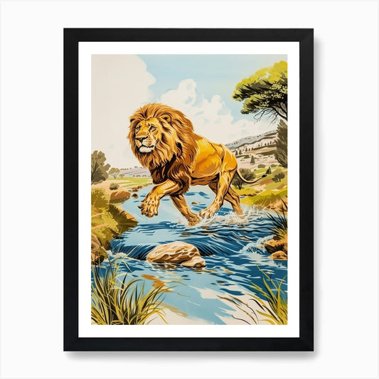 Barbary Lion Crossing A River Illus Framed Wall Art Poster Canvas Print Picture