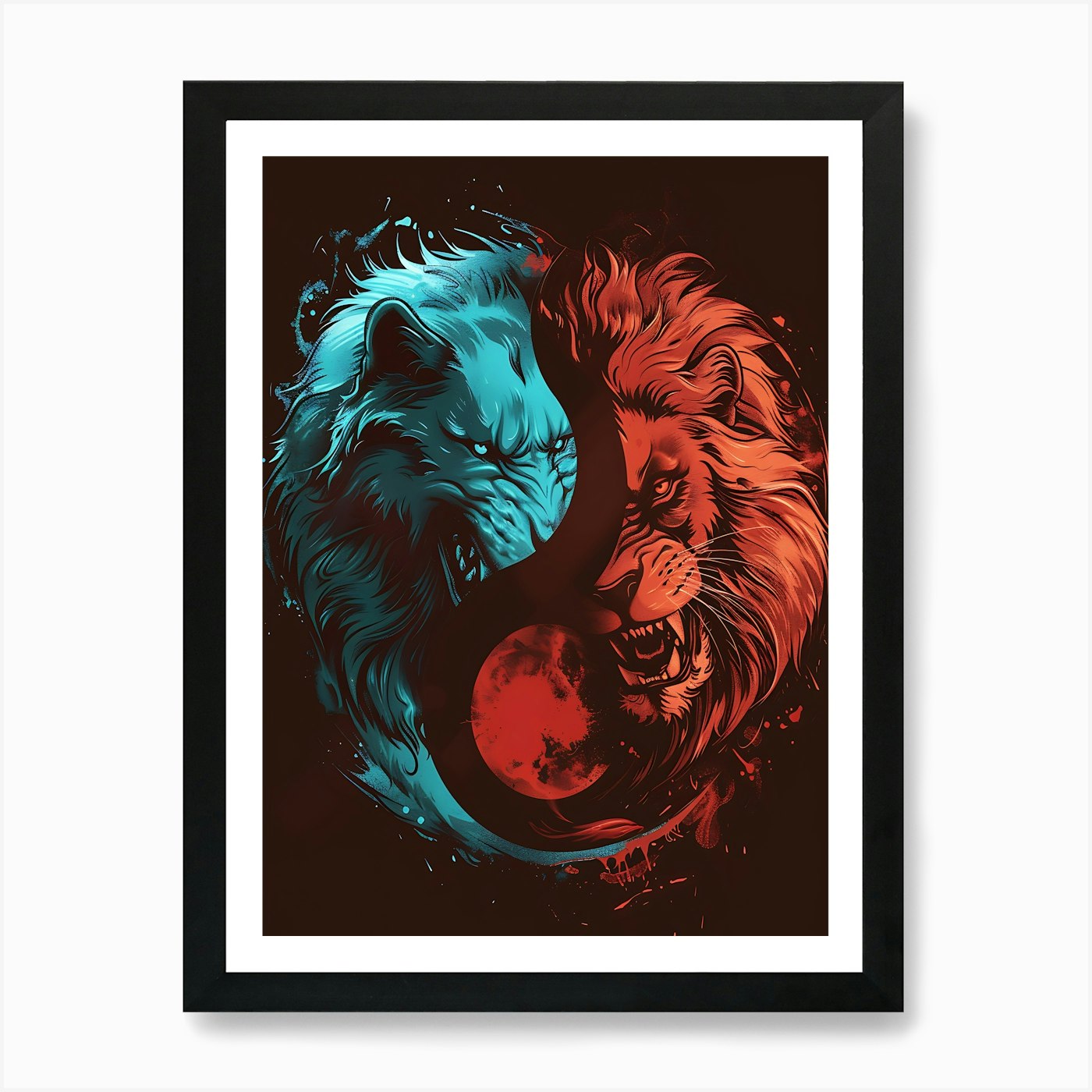 Lion Yin Yang Art Print Framed Wall Art Poster Canvas Print Picture