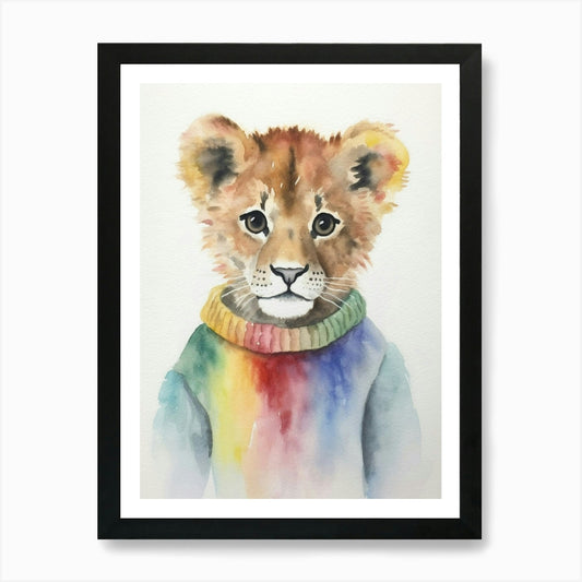Baby Animal Watercolour Lion 1 Art  Framed Wall Art Poster Canvas Print Picture