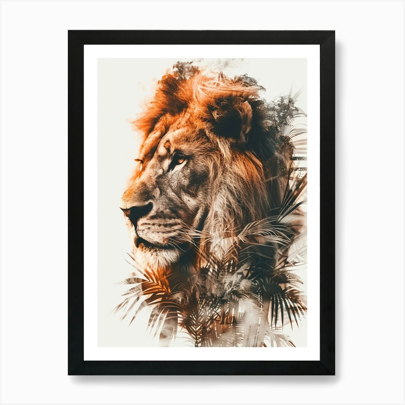 Double Exposure Realistic Lion With Framed Wall Art Poster Canvas Print Picture