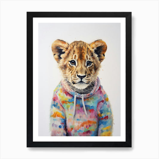 Baby Animal Wearing Sweater Lion 4  Framed Wall Art Poster Canvas Print Picture