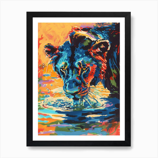Black Lion Drinking From A Watering Framed Wall Art Poster Canvas Print Picture