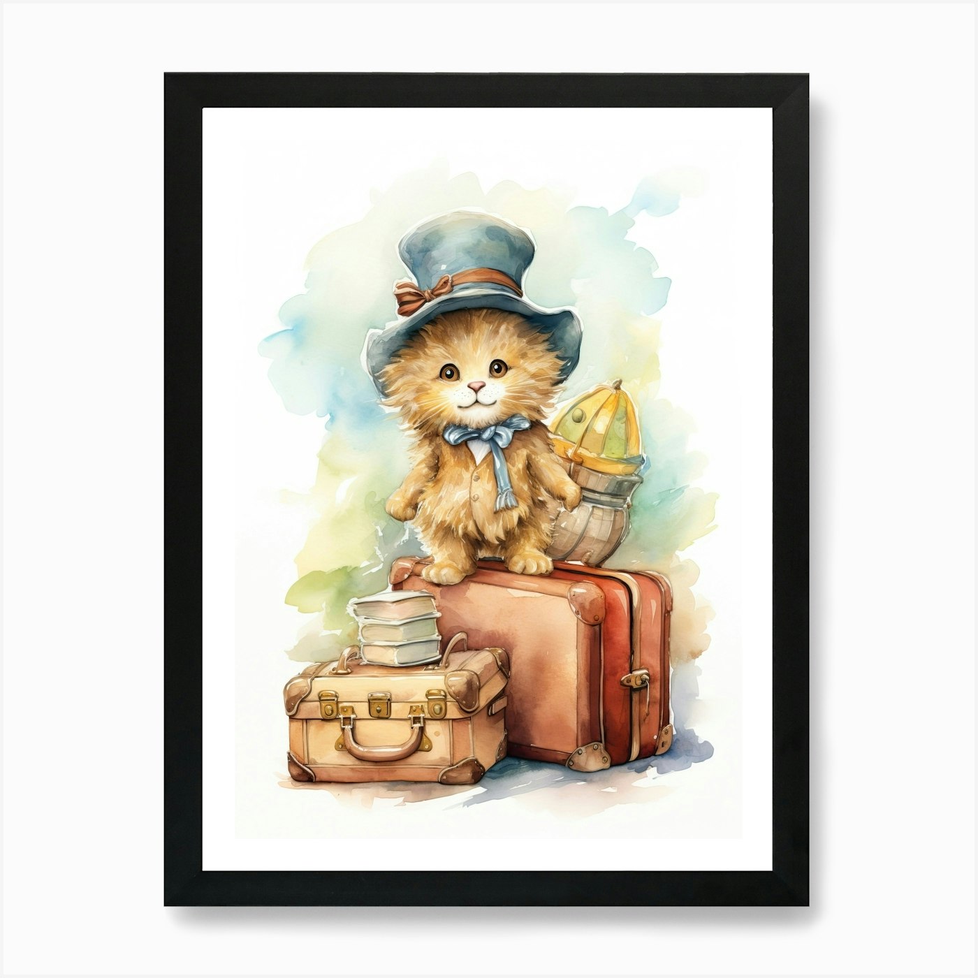 Traveling Watercolour Lion Art Pain Framed Wall Art Poster Canvas Print Picture