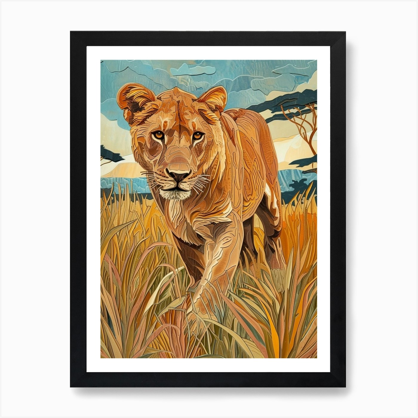 African Lion Relief Illustration Sy Framed Wall Art Poster Canvas Print Picture
