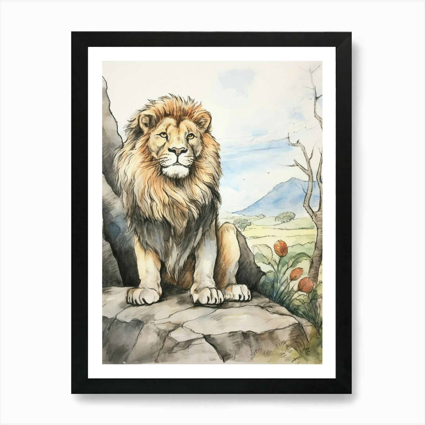 Storybook Animal Watercolour Lion 2 Framed Wall Art Poster Canvas Print Picture