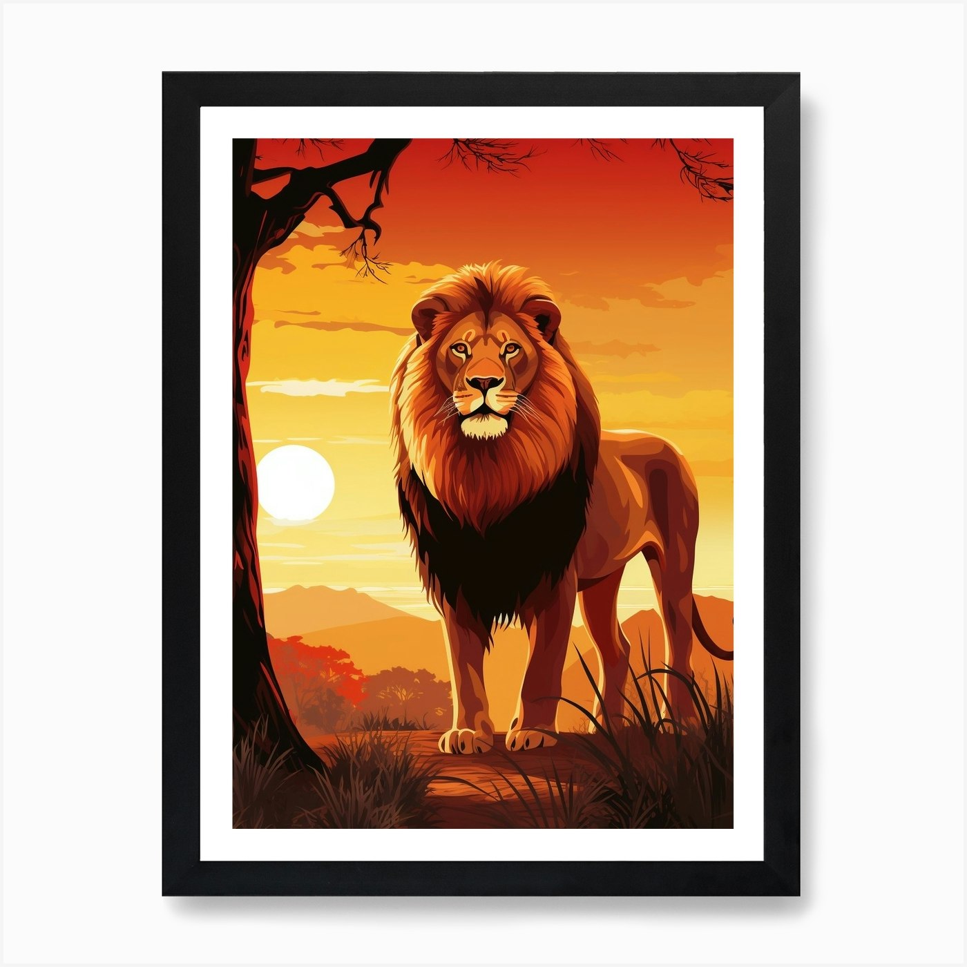 African Lion Sunset Painting 4 Art  Framed Wall Art Poster Canvas Print Picture