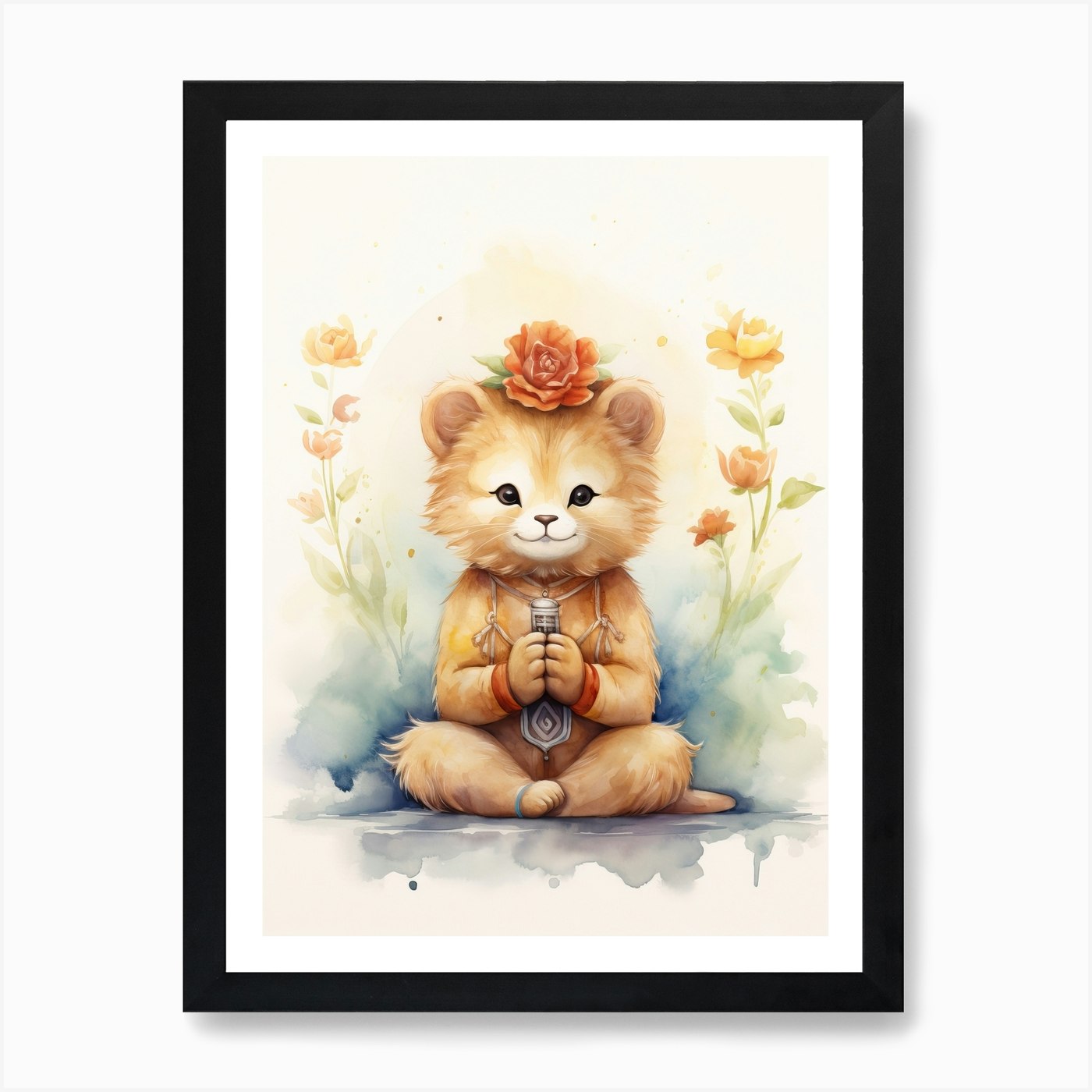 Meditating Watercolour Lion Art Pai Framed Wall Art Poster Canvas Print Picture