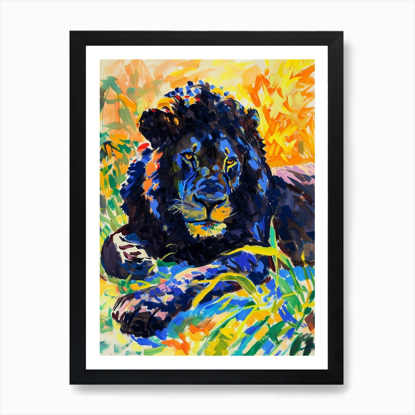 Black Lion Resting In The Sun Fauvi Framed Wall Art Poster Canvas Print Picture