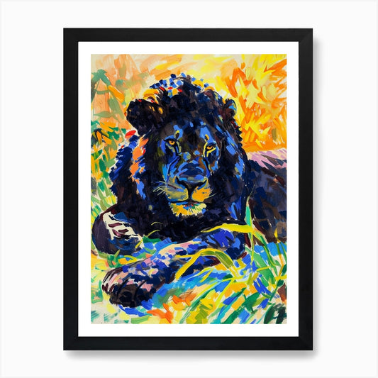 Black Lion Resting In The Sun Fauvi Framed Wall Art Poster Canvas Print Picture