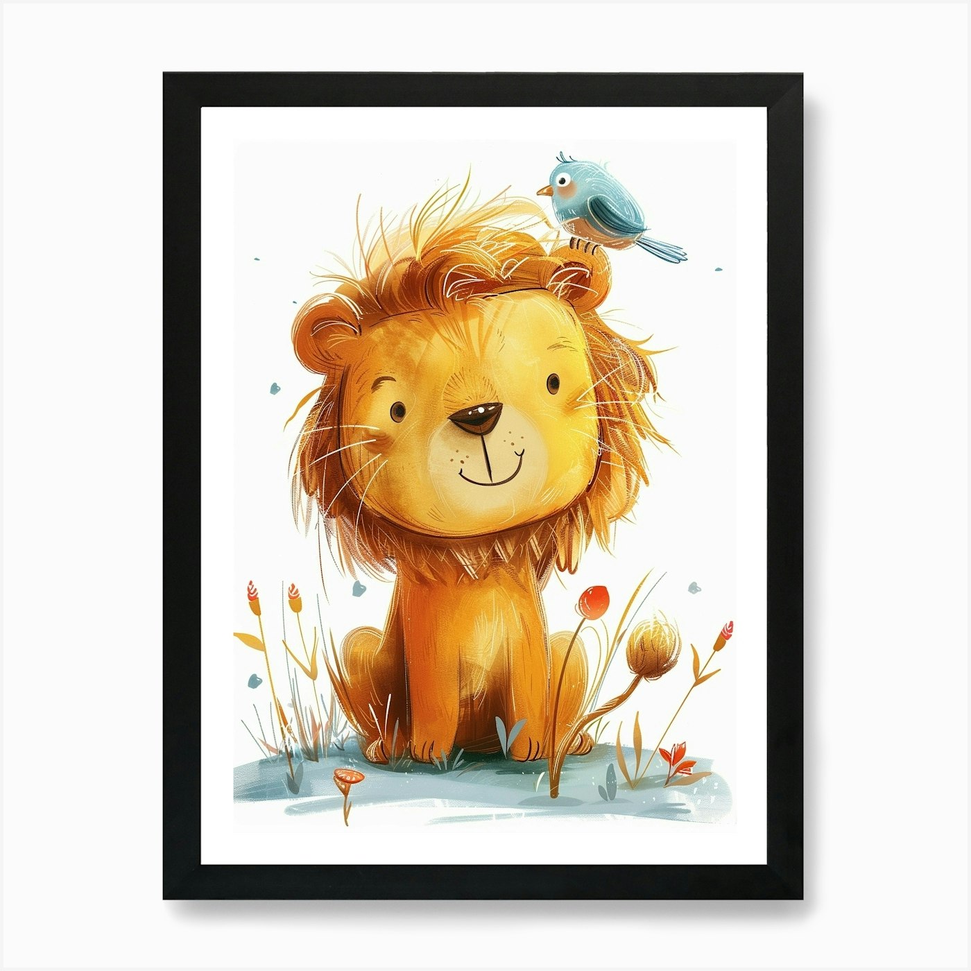 Small Joyful Lion With A Bird On It Framed Wall Art Poster Canvas Print Picture