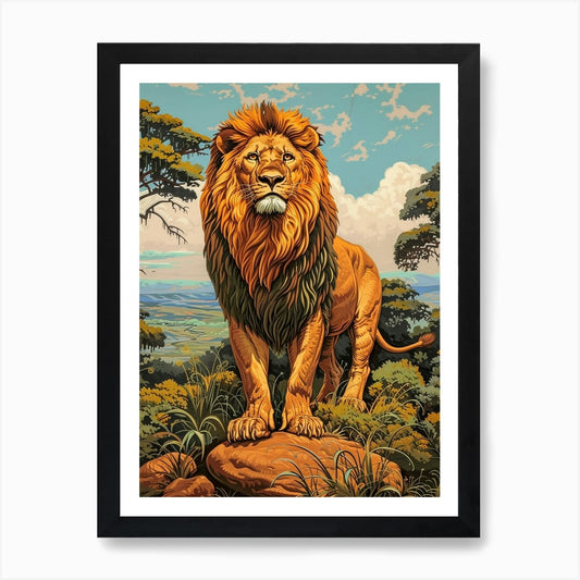 African Lion Relief Illustration Sy Framed Wall Art Poster Canvas Print Picture