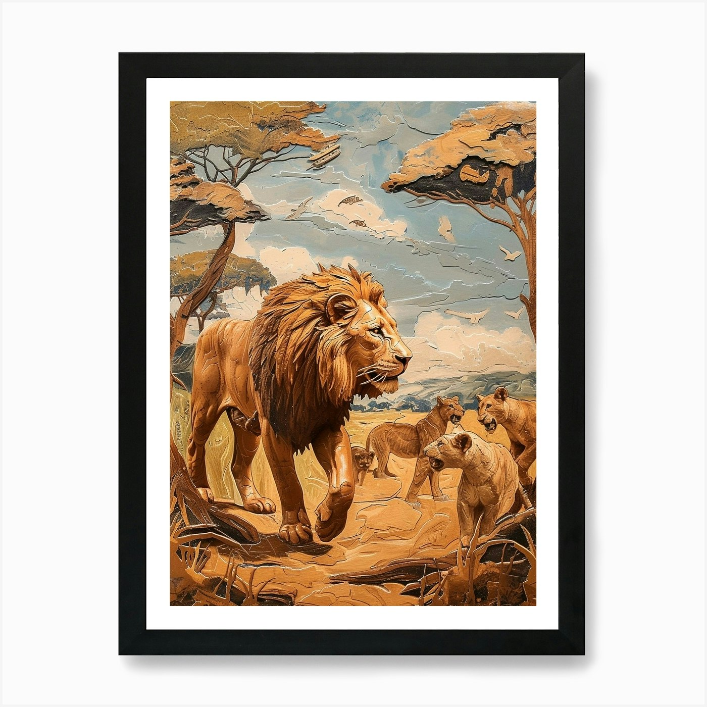 African Lion Relief Illustration In Framed Wall Art Poster Canvas Print Picture
