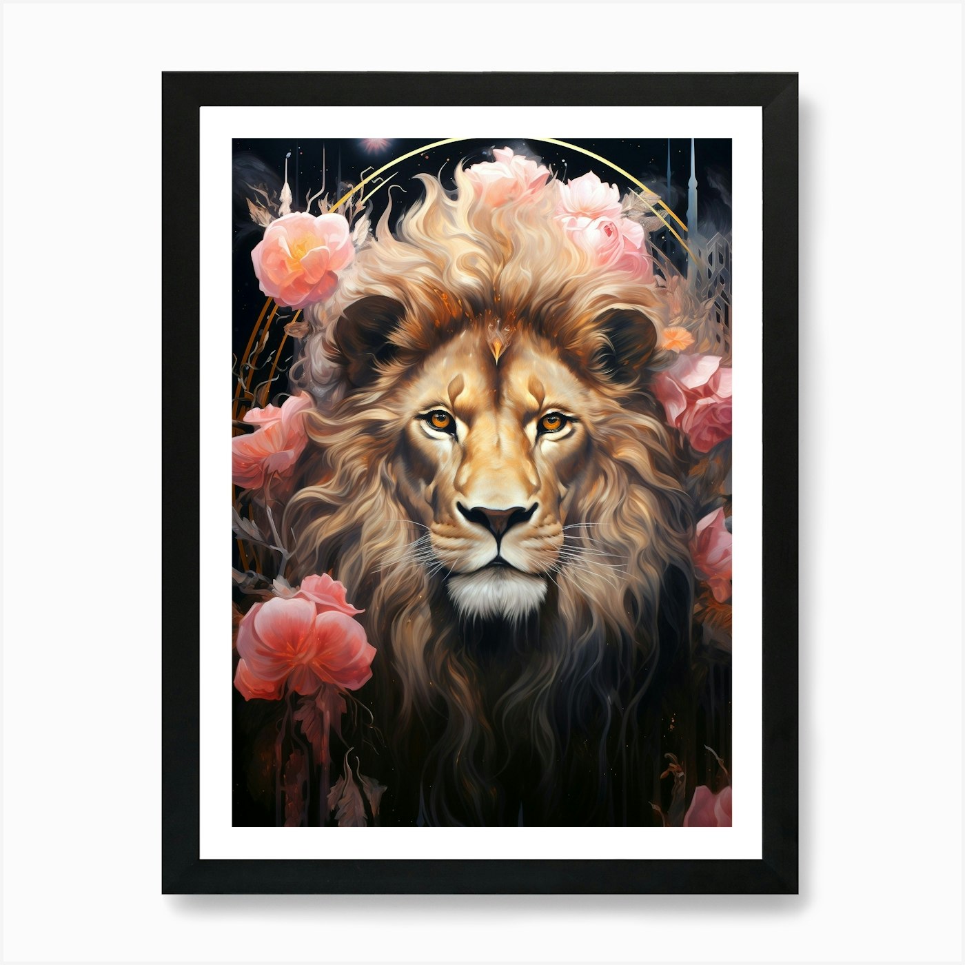 Lion With Roses Art Print Framed Wall Art Poster Canvas Print Picture