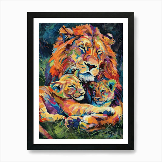 Asiatic Lion Family Bonding Fauvist Framed Wall Art Poster Canvas Print Picture