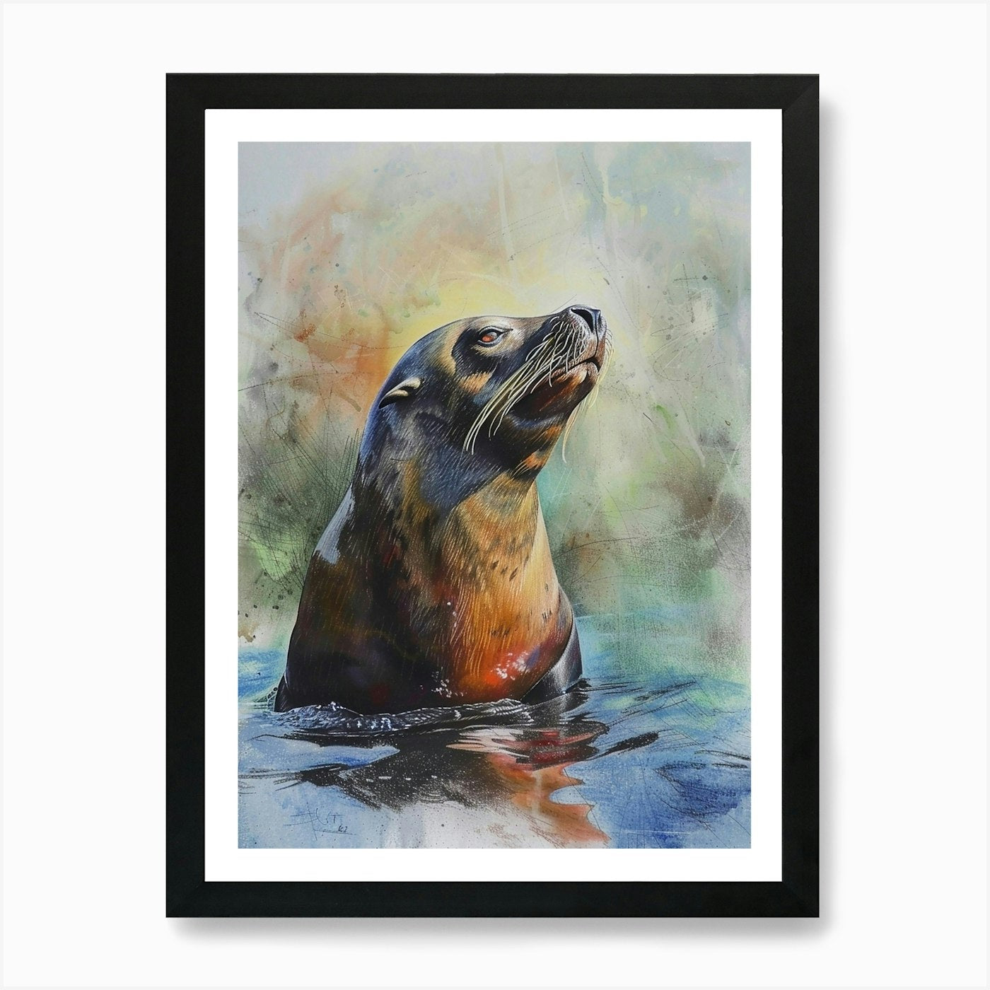 Sea Lion Pastel Watercolour 3 Art P Framed Wall Art Poster Canvas Print Picture