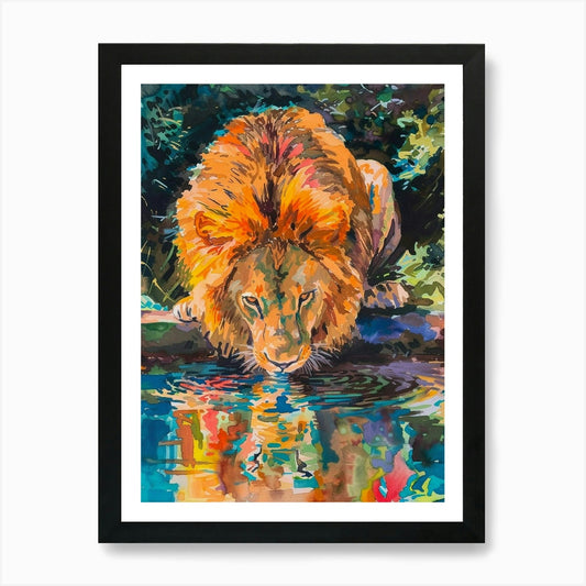 Masai Lion Drinking From A Watering Framed Wall Art Poster Canvas Print Picture