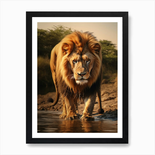 African Lion Drinking From A Stream Framed Wall Art Poster Canvas Print Picture