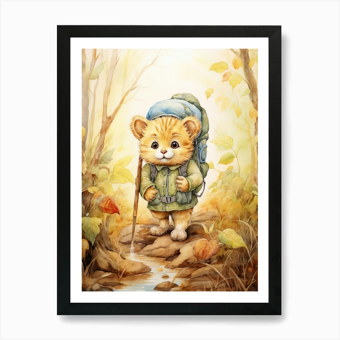 Hiking Watercolour Lion Art Paintin Framed Wall Art Poster Canvas Print Picture