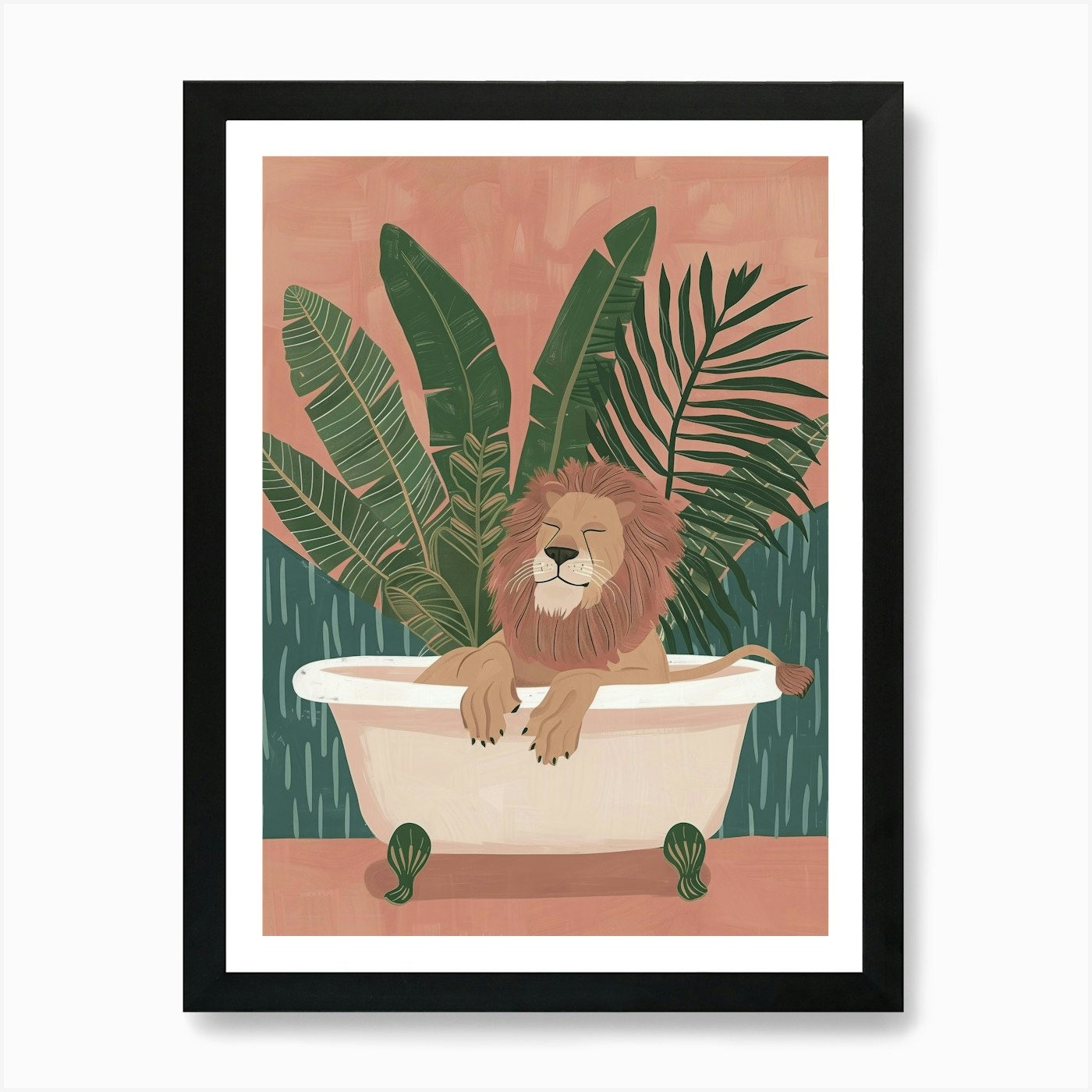 Bathtub Lion Mid Century Art Print Framed Wall Art Poster Canvas Print Picture