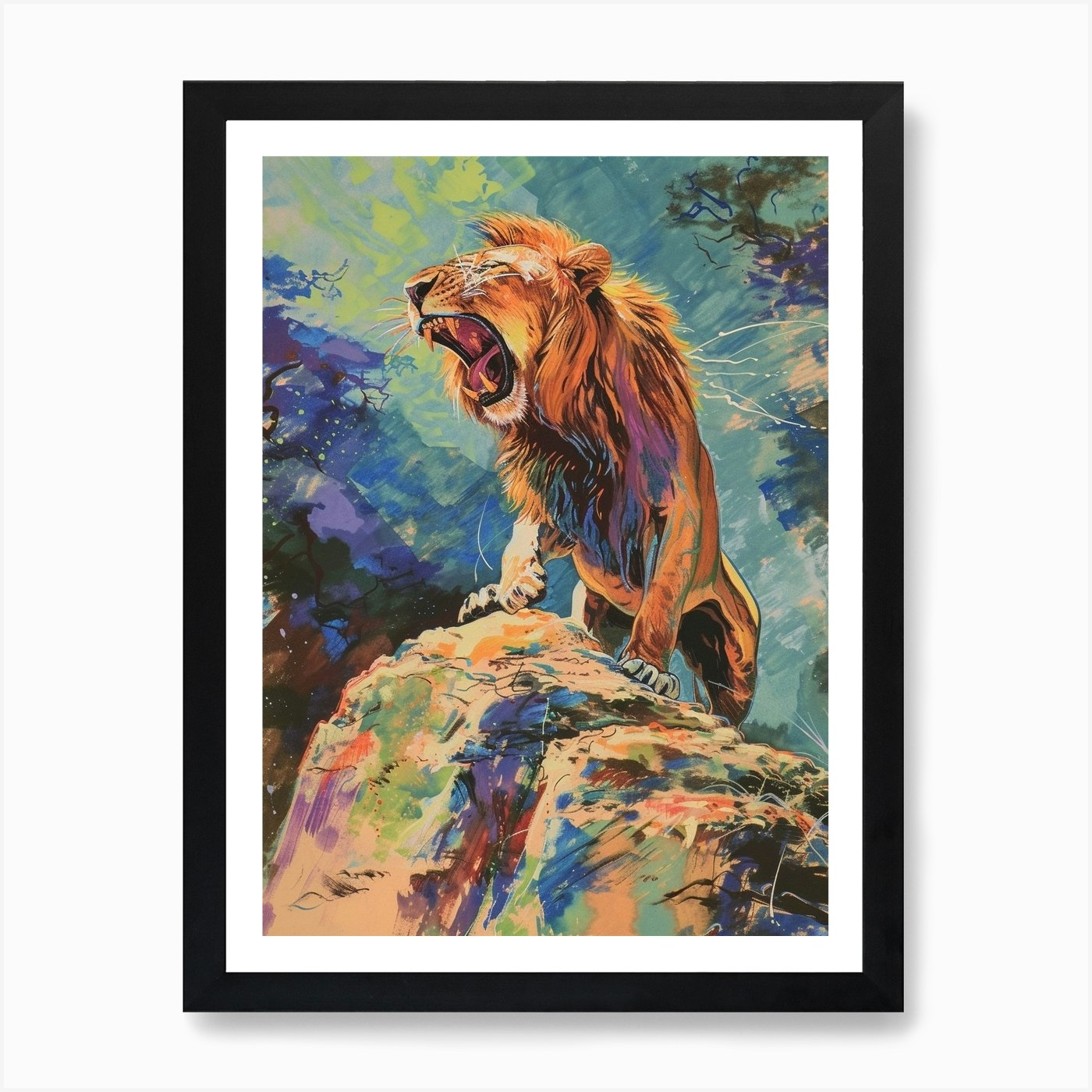 Masai Lion Roaring On A Cliff Fauvi Framed Wall Art Poster Canvas Print Picture