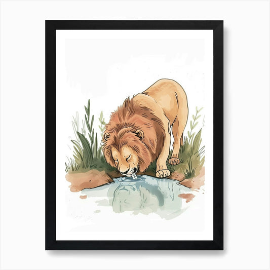 African Lion Drinking From A Wateri Framed Wall Art Poster Canvas Print Picture