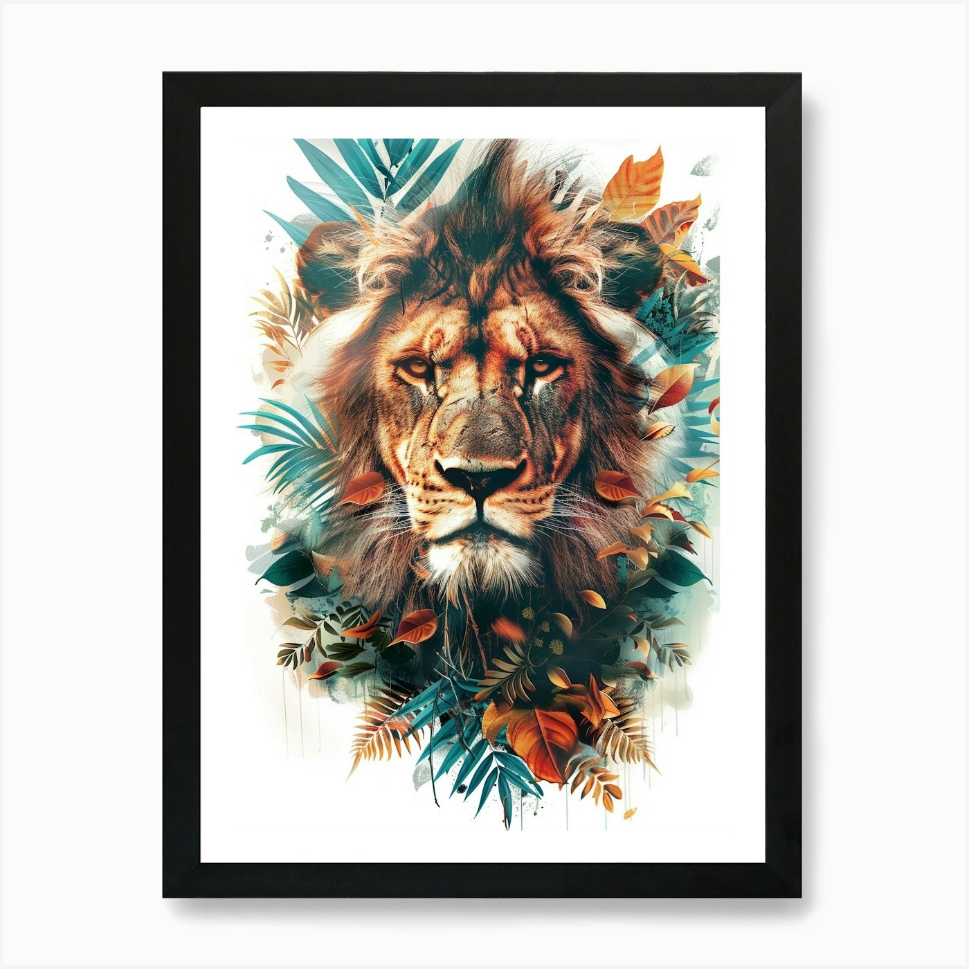 Double Exposure Realistic Lion With Framed Wall Art Poster Canvas Print Picture