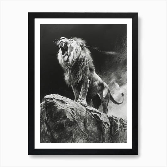 African Lion Charcoal Drawing Roari Framed Wall Art Poster Canvas Print Picture