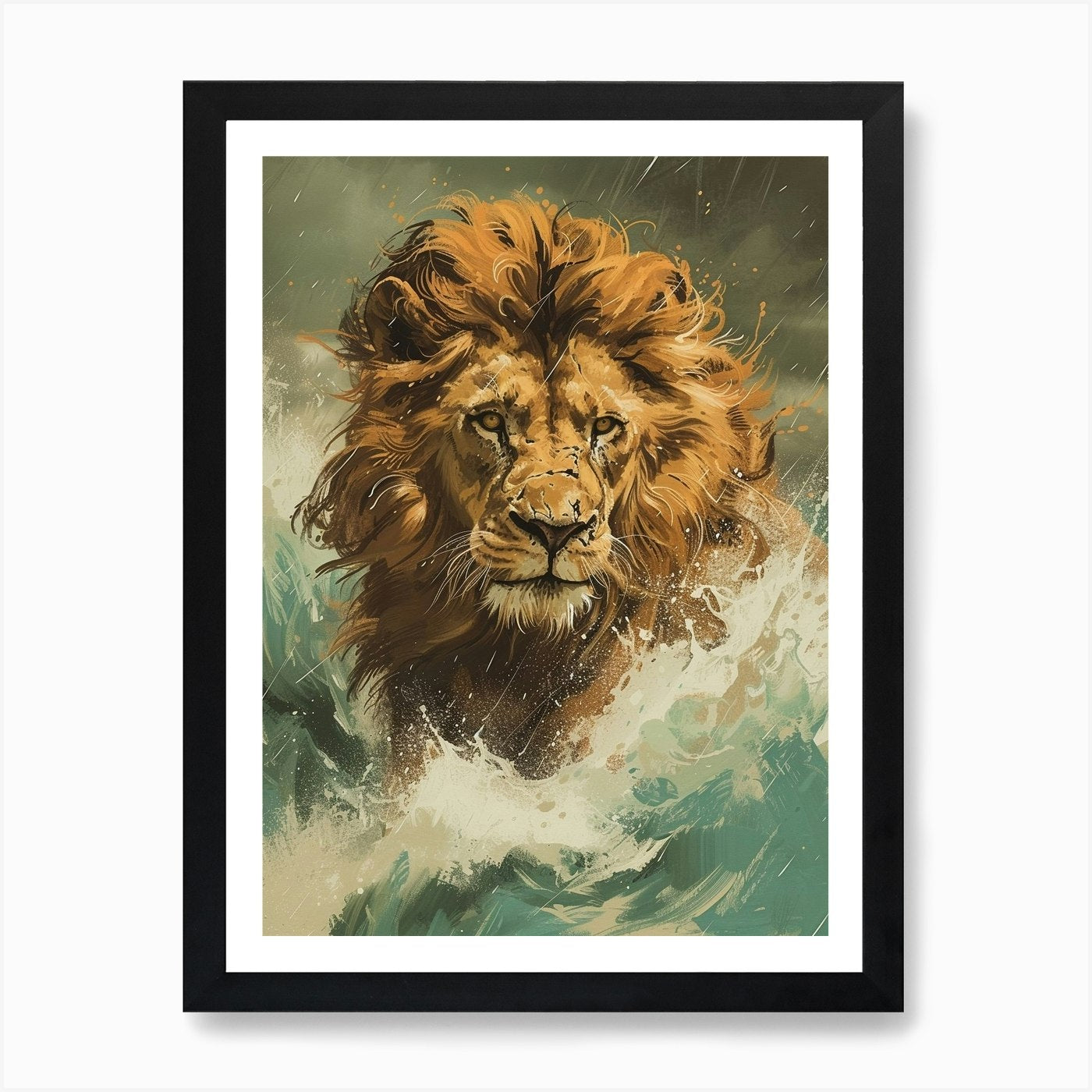 Barbary Lion Facing A Storm Illustr Framed Wall Art Poster Canvas Print Picture