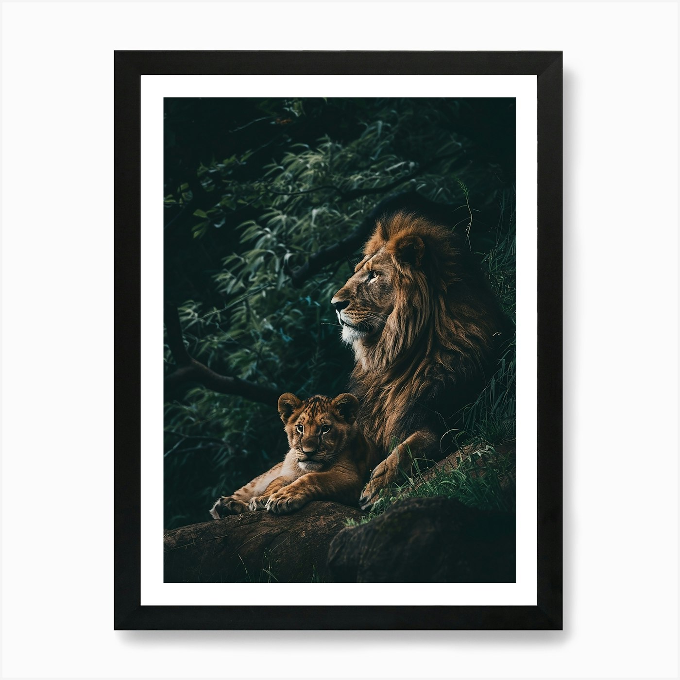 Lion And Cub Art Print Framed Wall Art Poster Canvas Print Picture