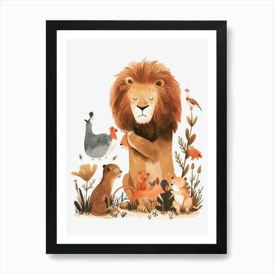 African Lion Interaction With Other Framed Wall Art Poster Canvas Print Picture
