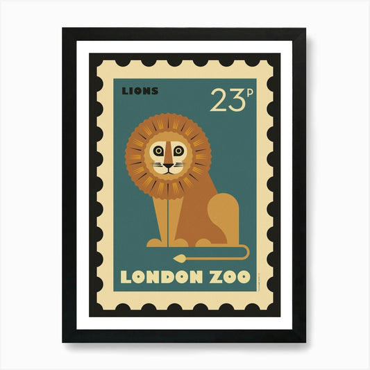 London Zoo Stamp Lion Kids Art Prin Framed Wall Art Poster Canvas Print Picture