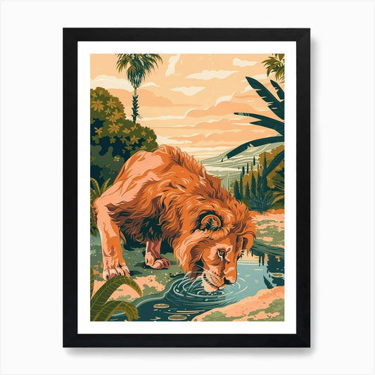 Barbary Lion Drinking Illustration  Framed Wall Art Poster Canvas Print Picture